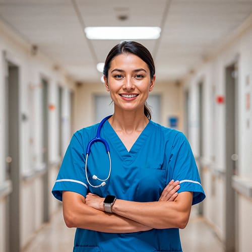 master of public Health student in medical uniform smiling confidently in a hospital corridor.
